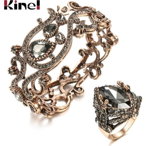 Kinel Fashion Boho Gray Crystal Bangle Ring Sets for Women Turkish Retro Jewelry Ethnic Wedding Bijoux Bride Gift Wholesale