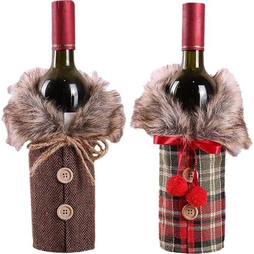 New 2Pcs Christmas Sweater Wine Bottle Cover, Newest Collar and Button Coat Design Wine Bottle Sweater Wine Bottle Dress Sets Xm