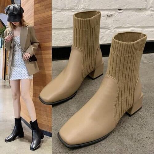 Square High Heel Anklet Boots Fashion Medium tube stretch knit sleeve thin boots single boots