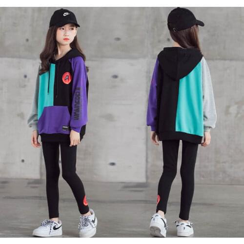 Autumn 2020 new girls letter print set childrens color matching long sleeve top loose Korean Hooded Sweater