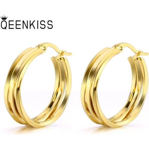 QEENKISS EG833 2021 Fine Jewelry Wholesale Fashion Woman Girl Birthday Wedding Gift Round Titanium Stainless Steel Hoop Earrings