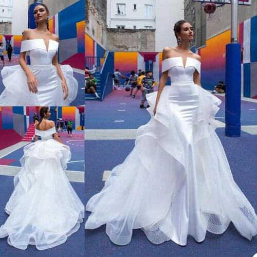 Luxury Wedding Dresses Sexy Off Shoulder Lace Satin Bridal Gowns Custom Made Open Back Detachable Train Mermaid Wedding Dress