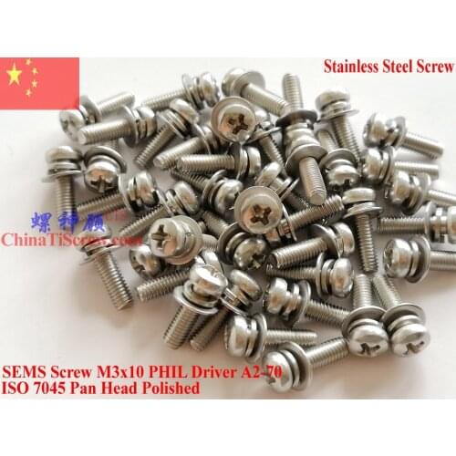 Stainless Steel SEMS screws M3x10 Pan Head 1# Phillips Driver Polished ROHS 100 pcs