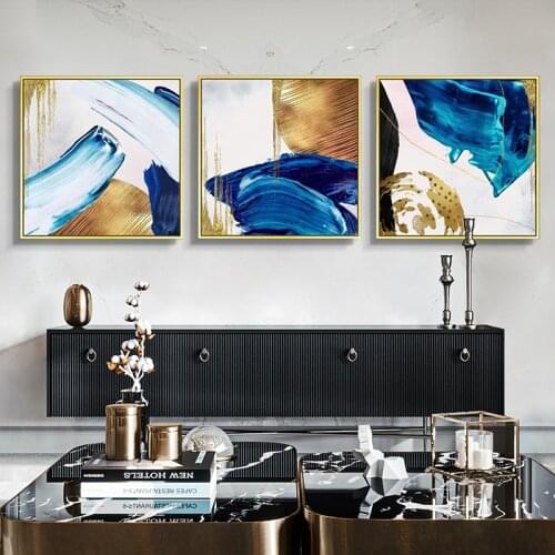 Nordic gold foil watercolor light luxury blue abstract golden Poster dinner room Wall Art Pictures on Canvas Living Room Decor