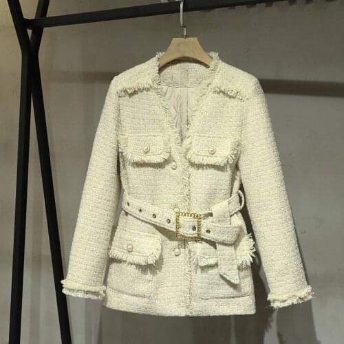 2020 Autumn Winner Fashion Women V Neck Tassel Tweed Jacket Coat With Belts Female High Quality Outerwear
