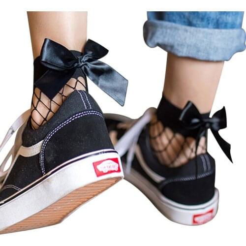 Chic Streetwear Womens Harajuku Black Breathable Bow knot Fishnet Socks.Sexy Hollow out Mesh Nets Socks Ladies Girls Bow Sox