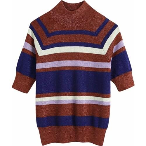 Evfer Women Casual Knitted Colorful Striped Za Turtleneck Pullover Tops Female Sprint Autumn Short Sleeve Elastic Sweaters Chic