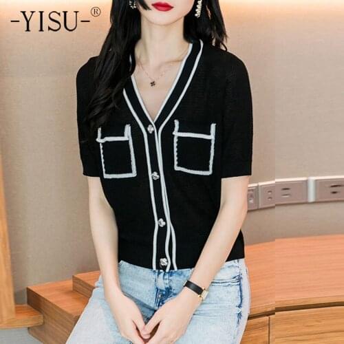 YISU 2021 Woman clothing Cardigan V-Neck Cardigan Coat Short sleeve Sweater Summer Top Thin Simple Pocket Knitted Coats Female