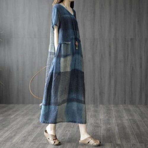 Plus Size Cotton And Linen Dress Women New 2021 Summer Casual Loose Fashion Printing Stitching V-Neck Mid-Length Linen Dress Hot
