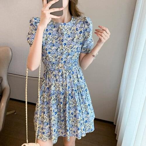 2021 Summer French Chiffon Midi Dress Blue Floral Vestidos De Festa Fashion A-line Women Clothes Slim Elegant Dress
