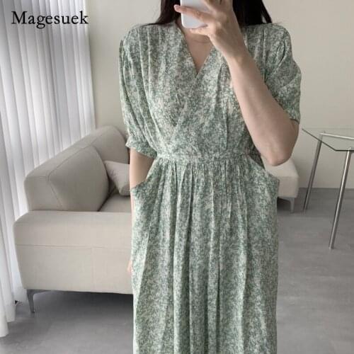 Summer Chiffon Floral V Neck Short-sleeved Women Long Dress Vintage Elegant Korean Fashion Office Ladies High Waist Dress 14785