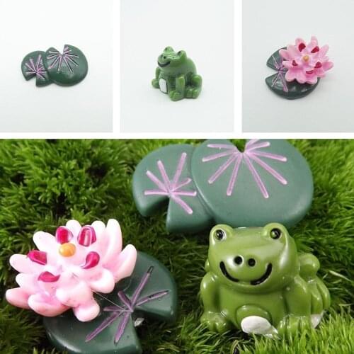 3pcs Lovely Fairy Garden Miniature Frog Lotus Elephants Figurines Micro Landscape Highway Resin Craft Garden Ornaments