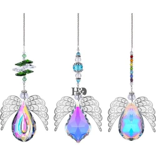H&D 3psc Hanging Suncatcher AB Coating Crystal Prisms With Angel Wings Pendant Rainbow Maker Ornament Home Decor Birthday Gifts