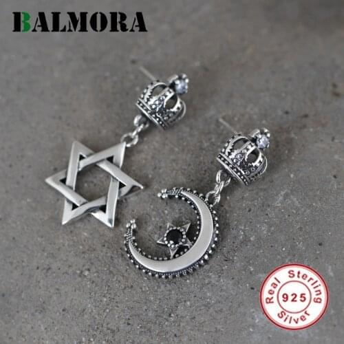 BALMORA 100% 925 Sterling Silver Stars & Moon Earring For Men Women Retro Asymmetrical Design Ear Loop Dangler Ear Stud Jewelry