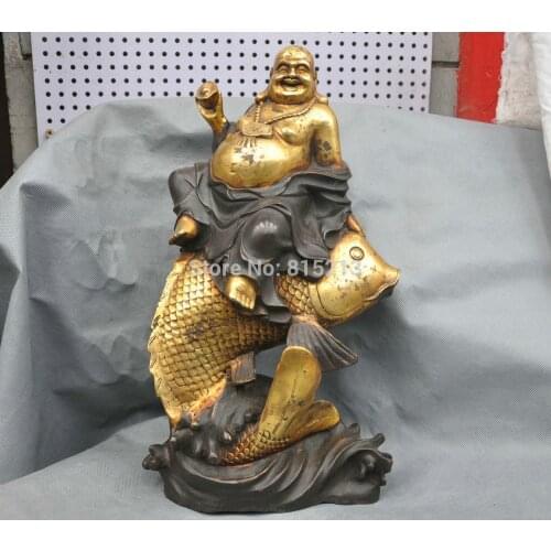 Bi001099 17''China Tibet Tibetan Buddhism Maitreya Buddha Ride Fish Amitabha Bronze