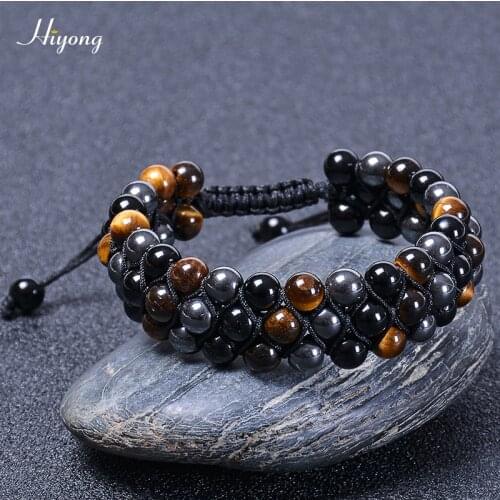 Natural Tiger Eye Stone Beads Bracelet Black Agates Three-layer Braclet Handmade Black Hematite Bracelet High Quality Jewelry