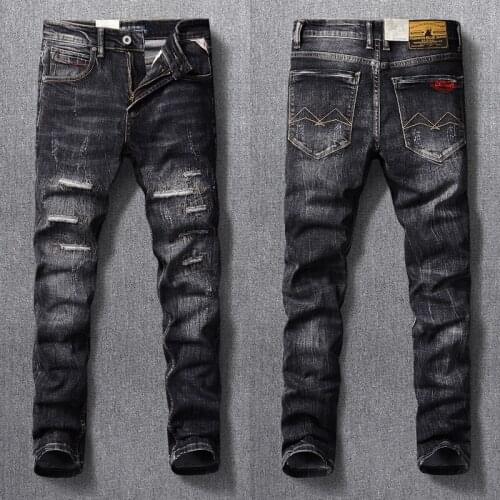 Italian Vintage Fashion Men Jeans Retro Black Gray Slim Ripped Jeans Men Streetwear Patchwork Designer Hip Hop Denim Punk Pants