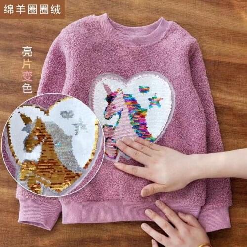 Girls Plus Fleece Sweatshirt Fashion Thick Plush Warm Top Girls Discolored Sequin Pullover Unicorn Mermaid 2020 New Fall Winter