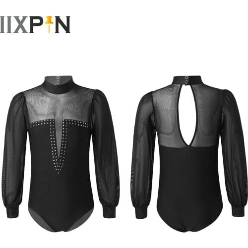 IIXPIN 6-14 Years Girls Long Sleeve Shiny Diamond Gymnastics Leotard One-Piece Child Kids Ballet Dance Wear Mesh Ballet Bodysuit