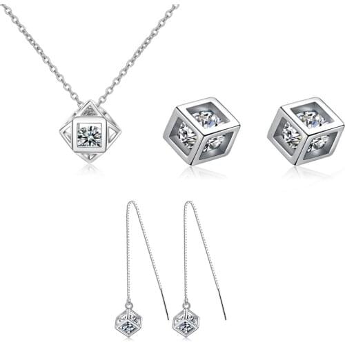 Cute 925 Sterling Silver Square Cube Zircon Pendant Choker Statement Necklace+Earrings for Women Gift Collares Kolye Jewerly Set