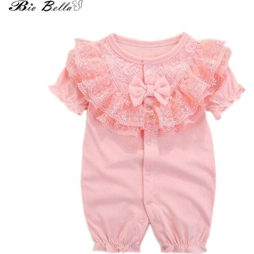 Summer Newborn Ruffles Lace Girl Rompers Soft Cotton Girl Jumpsuit Short Sleeve Kids Clothes Bow Decor Pink Outfits 0-12M