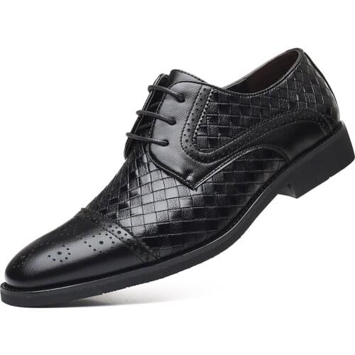 Mens Splicing Brogue Shoes Woven Grain Leather Dress Shoes Men Lace-Up Wedding Party Shoes Mens Business Office Oxfords Flats