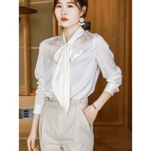 New Bow White Blouse Women Spring Button Office Lady Long Sleeve Blue Satin Shirt Autumn Tops Woman Clothes Womens Shirts X252