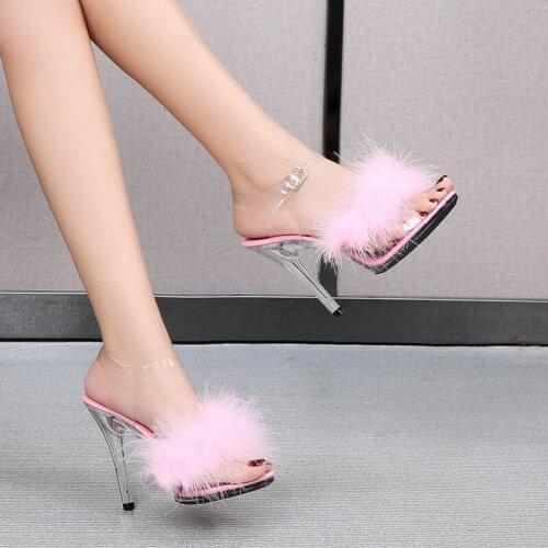 New Pink White Women Sandals Sexy Open Toe Furry Fur Summer High-Heeleds Ladies Wedding Transparent Stripper Shoe ZapatosMujer