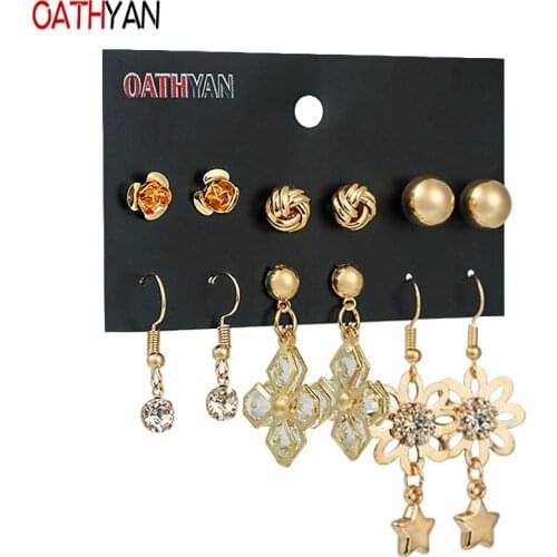OATHYAN 6 Pairs/Set Classic Rhinestone Crystal Flower Earrings Sets For Women Golden Color Metal Ball Stud Earring Jewelry Gift