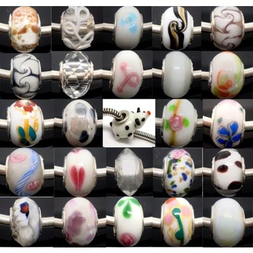 Wholesale 100pcs Mixed Style White Color European Murano Lampwork Glass Beads Fit Charm Bracelet and Necklace LGB73-8