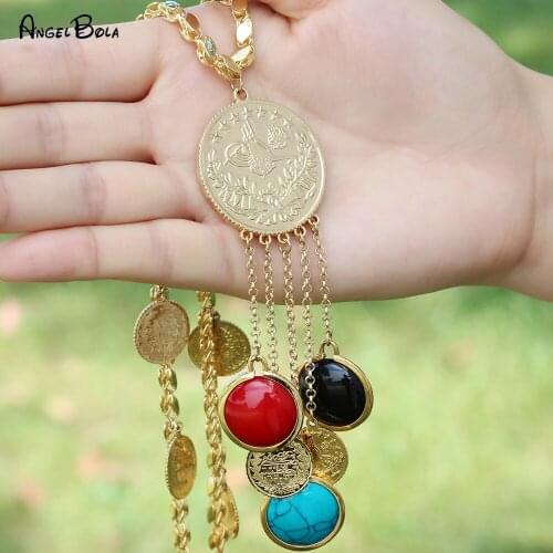 Natural Color Gemstone Pendant Necklace Turkish Totem Coin Necklace Gold Charm Jewelry Non-fading Necklace for Women