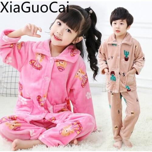 Boy and Girl Home Service Sets Autumn and Winter Boys and Girls Pajama Sets Childrens Flannel Pajamas Suits Kids