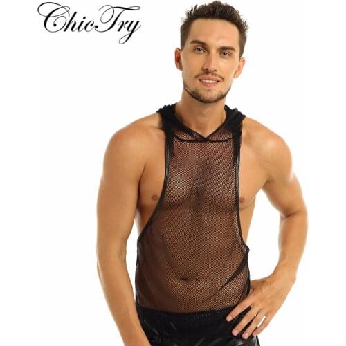 Sexy Black Male Mens Fishnet See-through Hooded Vest Tank Top Clubwear Undershirt for Lingerie Night Evening Party Clubwear