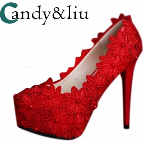 Women Lace Wedding Shoes Red Flower Bride Pumps with Platform Pointed Toe Super High (8cm-up) for Party Bridesmaids Banquet