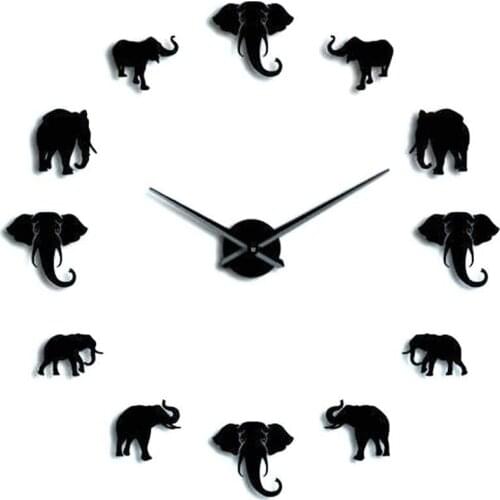 Unique Animal Shape Wall Clock Fashion DIY Acrylic Mirror Elephant Hanging Clock for Home Bedroom Living Room,Black