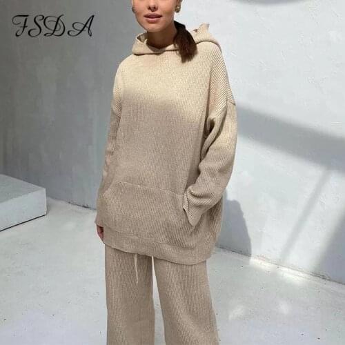 FSDA Knit Women Set Sweater Top Long Sleeve Hooded And Pants Khaki Two Piece Set Casual Outfit White Party Suit