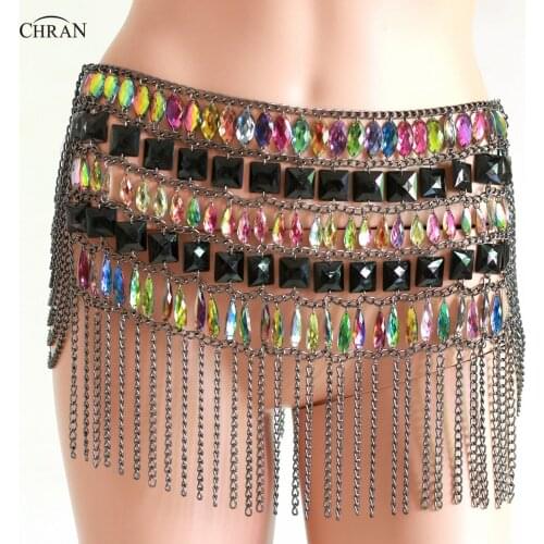 Chran Sparkly Full Crystal Tasssel Mini Skirts Hollow Out for Women Luxury Sexy Handmade Waist Chain Belt Festival Party Jewelry