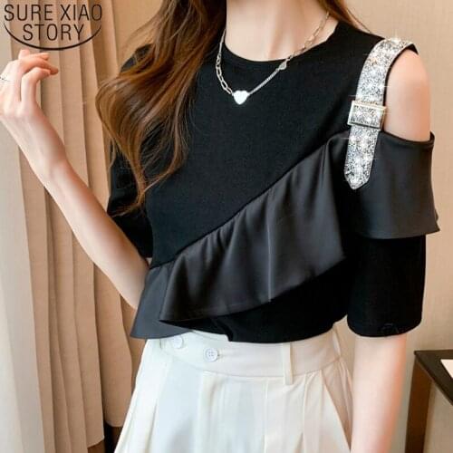 Office Lady Shirt Off Shoulder Blouse Women Fashion Ruffles Tops Cotton Summer 2021 Short Sleeve O-neck Blusas De Mujer 15808
