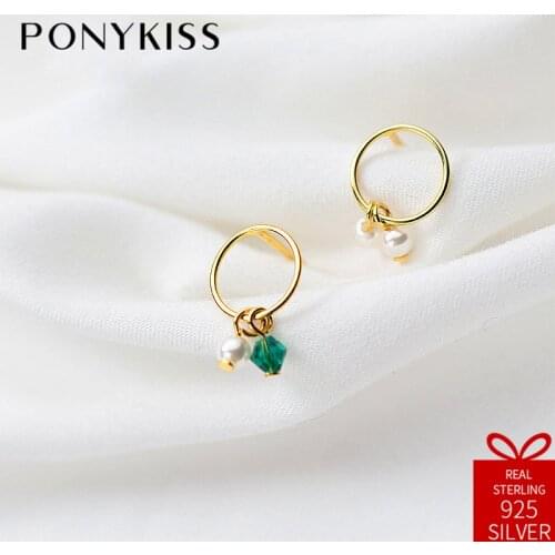 PONYKISS Office 100% 925 Sterling Silver Asymmetric Pearl Round Short Dangle Drop Earrings Women Elegant Jewelry Festival Gift