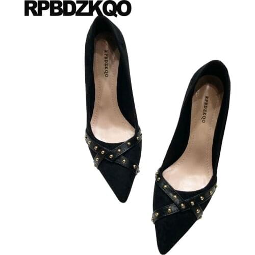 Rivet Scarpin Designer Heels Women Luxury 2021 Casual Medium Stiletto Black Thin Pointed Toe Pumps Stud Metal Slip On Size 4 34
