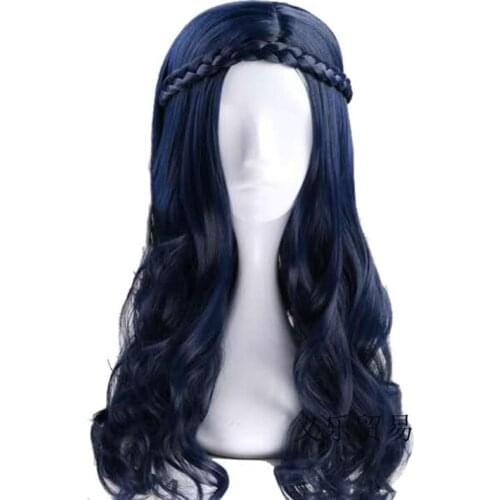 60CM Dark Blue Descendants 2 Evie Long Wavy Curly Wig With Braid Cosplay Costume Heat Resistant Synthetic Hair Women Cosplay Wig