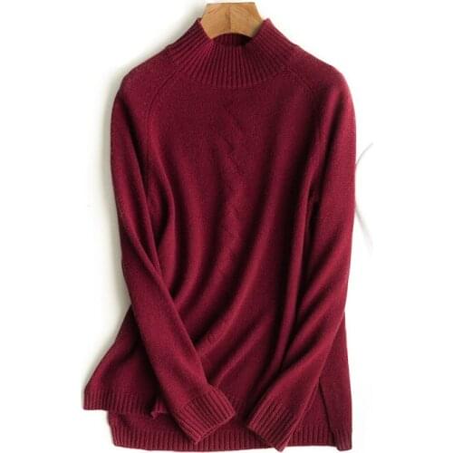 Pure goat cashmere twisted thick knit women fashion pullover sweater irregular length half-high collar S-3XL