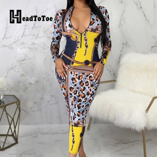 Chic Leopard Print Zip Neck Long Sleeve Bodycon Mid-calf Dress Women