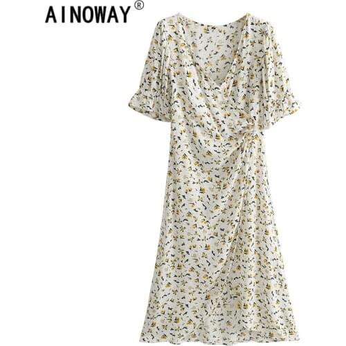 Vintage chic women short sleeve floral print beach Bohemian Midi dress Ladies cross v-neck rayon cotton Boho dress vestidos
