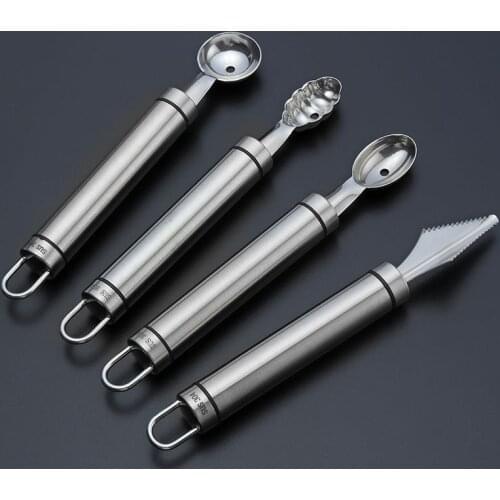 4Pcs/Set Stainless Steel Fruit Ball Carving Knife Fruit Scoop Melon Digger Fruit Jar Mashed Potato Baller Ice Cream Spoon