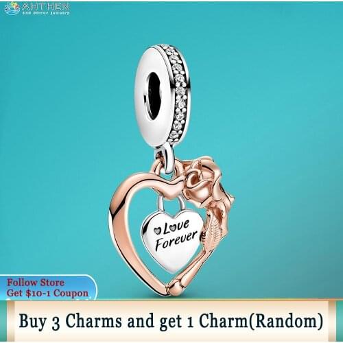 Ahthen 925 Sterling Silver Beads Heart & Rose Flower Dangle Charm fit Original Pandora Bracelets for Women Jewelry Making Gift