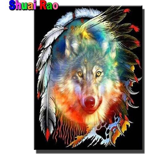 Diy Diamond Painting Full Square round Drill 5D Indian Feather Wolf Home Decor Embroidery Cross Stitch for Animal Wall Art