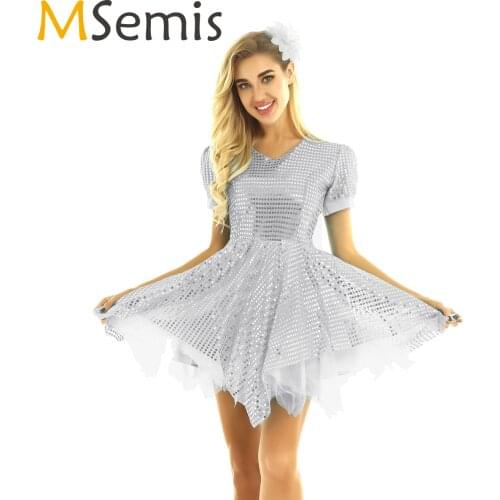 MSemis Women Adults Glitter Sequins Asymmetric Ballroom Ice Figure Skating Dress Flower Hairclip Modern Contemporary Dancewear