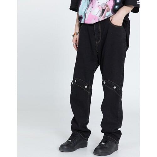 Harajuku Knee Button Detachable Washed Denim Trousers Mens Ripped Retro Oversize Black Jeans Pants Baggy Casual Track Pants