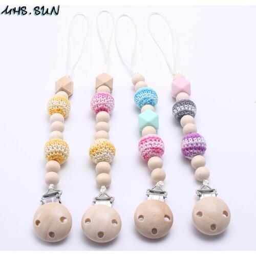 MHS.SUN 1PC baby wood+silicone pacifier chain chewing toy with teether beads for kids teething teether nipple clips